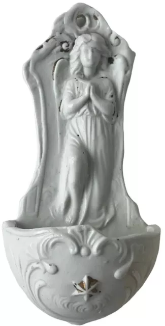 Antique DEP Germany Holy Water Font Angel Bisque Porcelain 11575 White Hanging