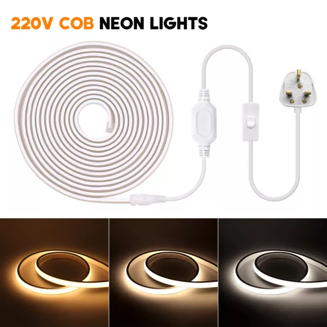 220V-240V Seamless COB LED Strip Lights IP67 High Density Flexible Tape UK Plug