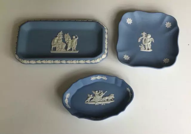 3 Vintage Wedgwood Blue Jasper Pieces Trinket Trays