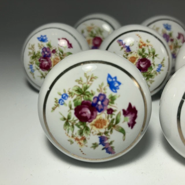 7 x Ceramic Porcelain Drawer Pull Vintage Floral Design Cabinet Knobs - Japan