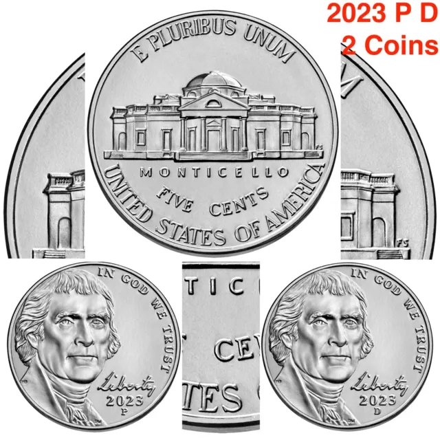 2023 P D Jefferson Nickel US Mint Uncirculated From PD BANK ROLLS Nickle 2 Set