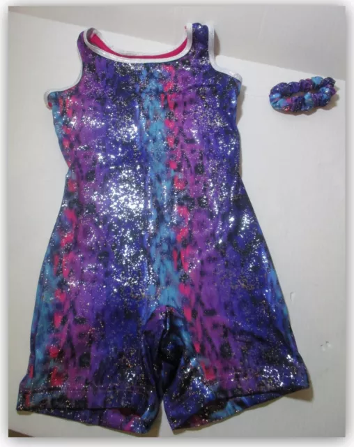 Danskin Now Girl M 7-8 Body Suit Colorful Glitter Tank & Shorts Look w Scrunchie