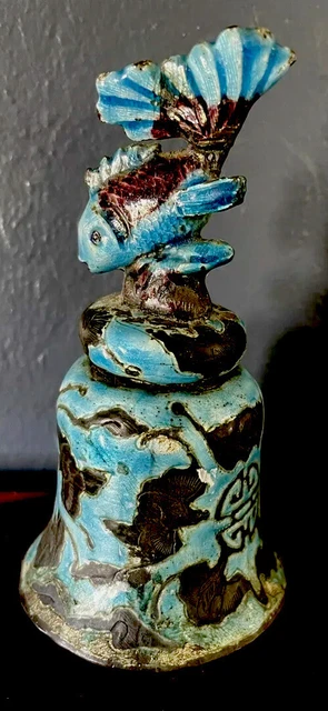 Qing Chinese Ocean Blue Bell Fish Finial Glass Bead Clapper antique
