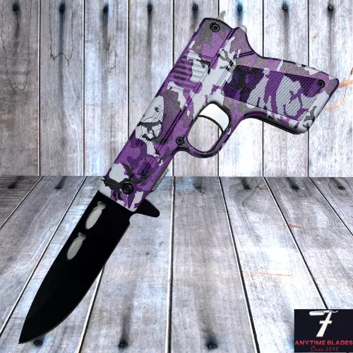 8" Tactical Assisted HAND GUN PISTOL Folding Pocket Knife Purple Camo w/ Holster