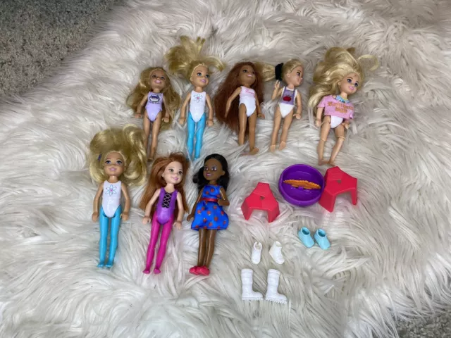 Barbie Club Chelsea Dolls Set Lot Of 8 Dolls Camping Accessories Shoes Mattel