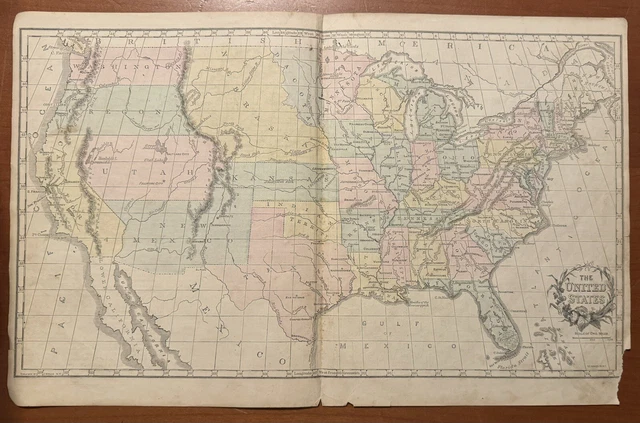 ANTIQUE C 1860 Atlas Map Of The United States Color Lithograph 17X11 ...
