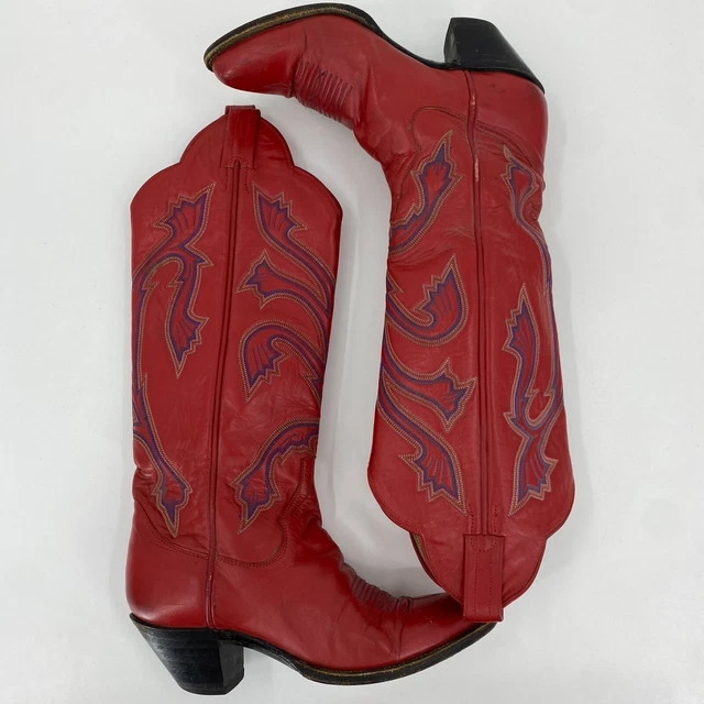 Panhandle Slim Red Stitched Leather Cowgirl Western Boots Women's Size 6.5 B Vtg