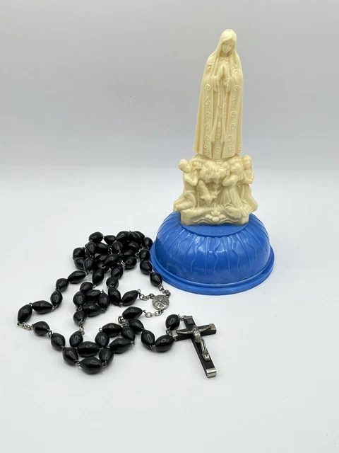 Vintage Madonna Rosary Blue & Cream Plastic Box with Italian Blessed Bead Rosary