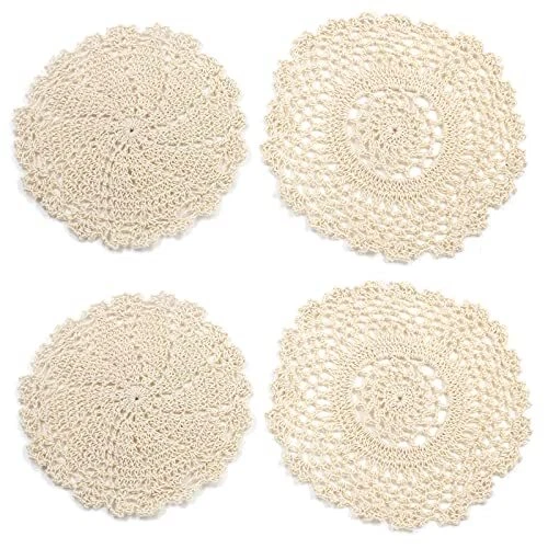 4 Pcs 7 Inch Hand Crochet Lace Doilies, Handmade Vintage Round Lace Doilies
