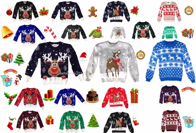 Girls Christmas Jumper Rudolph Xmas Retro Boys Winter Sweater Kids Penguin Aztec