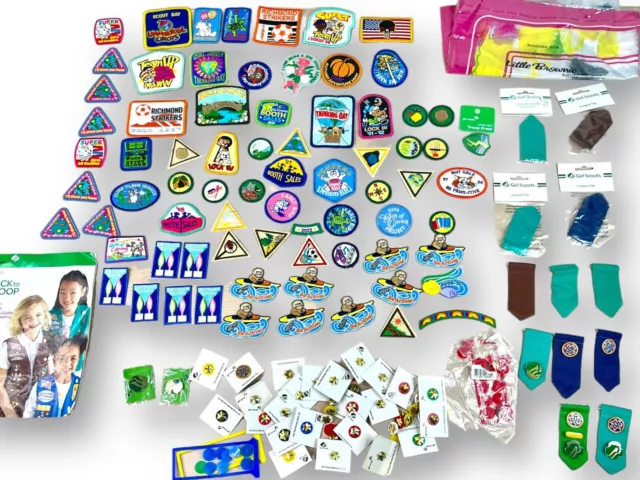 134 Pc Girl Scout Lot -Badges, Insignia Tabs, Pins, Bandana