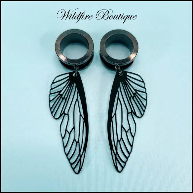 Pair Dark Glamour Black Dragonfly Wings Lightweight Dangle Tunnels Gauges 6-30mm