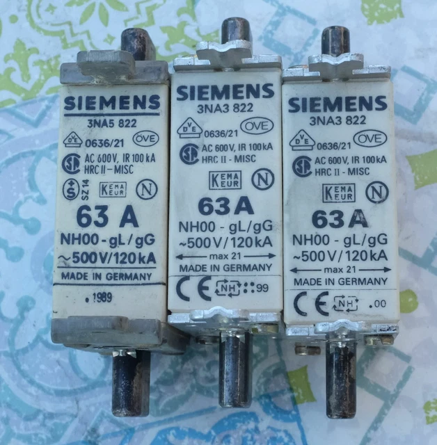 3X Siemens 3NA3822 fusible 63A taille 000 gL/gG 500V Lot de 3 d'occasion 2