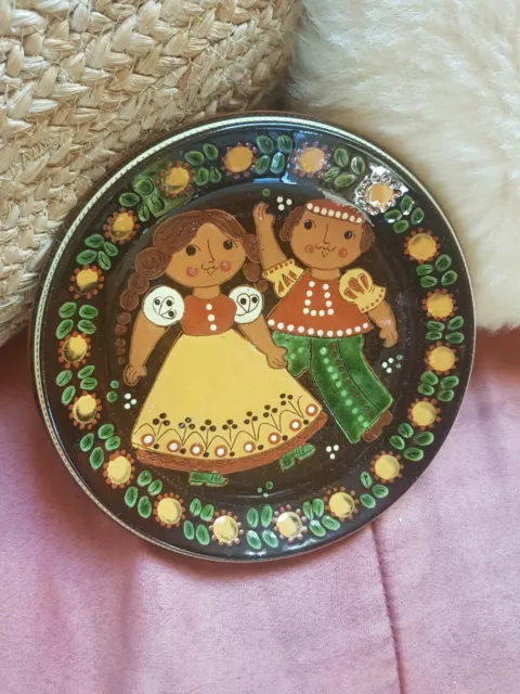 Ancienne Assiette Déco Hans Steffisburg Ceramique Vintage Émaux Émail Folk