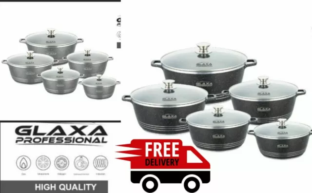 NEW GLAXA Marble Coated 5PC Cookware Set NonStick Stockpot Casserole Cooking Pot