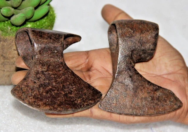 1850's Antique 2PC Hand Forged Solid Iron Axe Head Nice Shape Collectible 2Pc