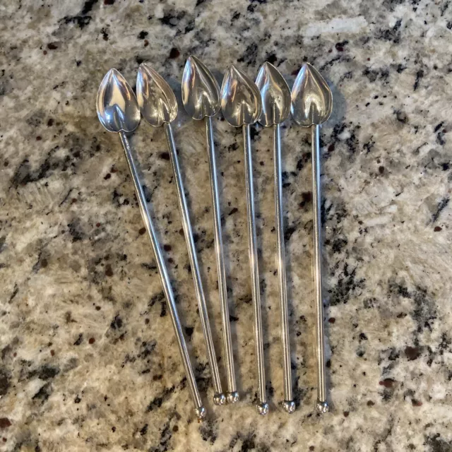 6 Vintage Sterling Silver Heart 7 3/4 Sipper Straw Iced TeaSpoons