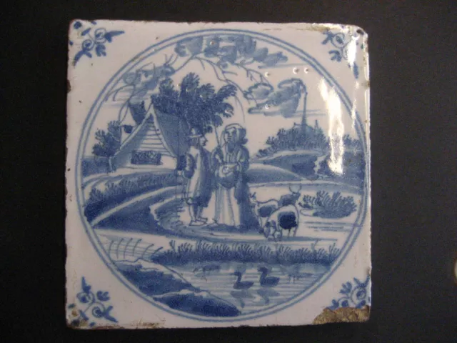Antike Delfter Fliese Kachel 18.Jhd. Motiv Bauernpaar 12,5 cm x 12,5 cm x 1,4 cm