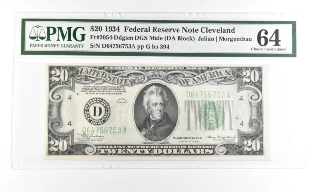 PMG 64 Gem Unc 1934 $20 Cleveland, OH US FRN Green Seal Fr#2054-Ddgsm *0931