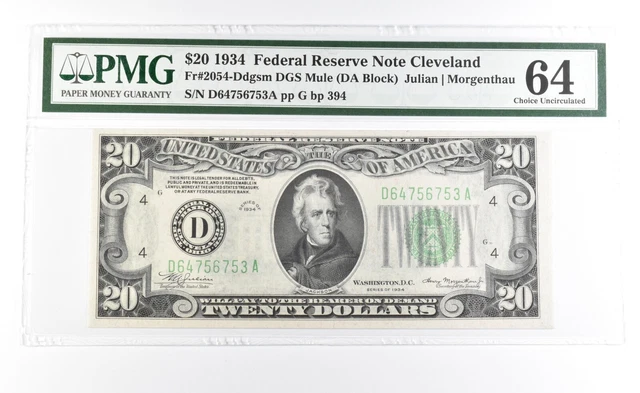 PMG 64 Gem Unc 1934 $20 Cleveland, OH US FRN Green Seal Fr#2054-Ddgsm *0931