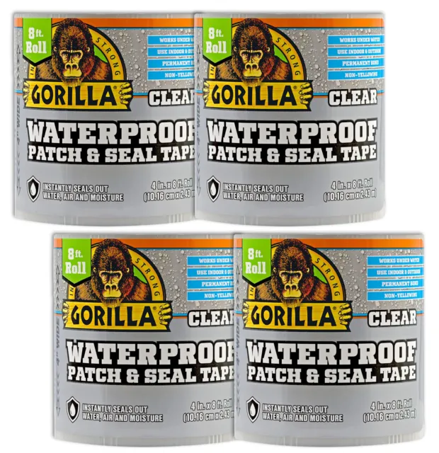 4 x GorillaGlue Waterproof Patch & Seal CLEAR Tape Permanent Bond 101mm x 2.43 m