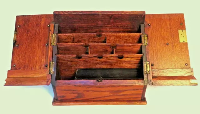 Victorian Oak Sloped Front, 2 Door Desk Stationery Cabinet with Fitted Interior.