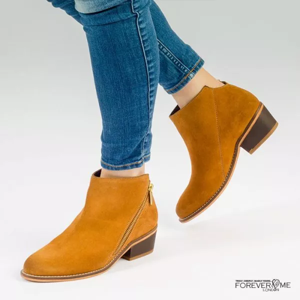 Femmes Fauve Marron Bottines Chelsea Fermeture Éclair Cuir Daim Mi Talon