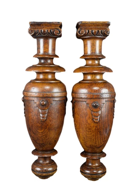 Antique Architectural Pair Carved Wood Corinthian Trim Posts Pillars Column