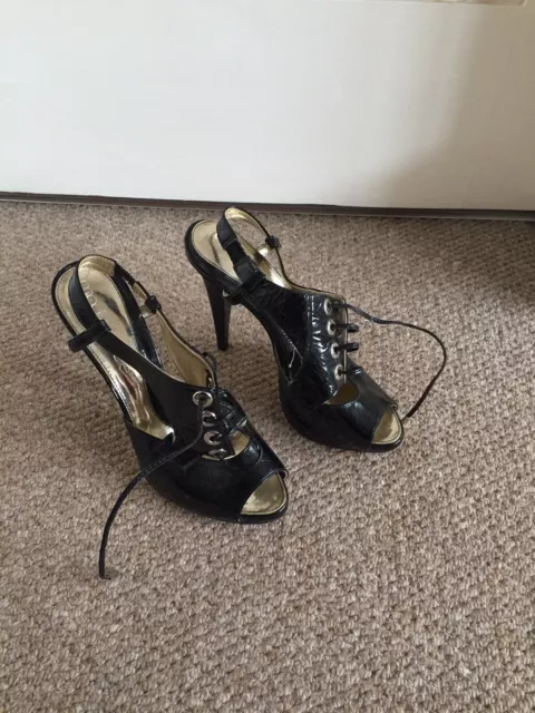 Moda In Pelle Patent Black Peeptoe Sling Back Heels Lace Shoes Sexy EU 38 Size 5