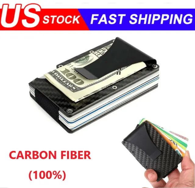RFID Blocking Slim Money Clip Mens Carbon Fiber Credit Card Holder Metal Wallet