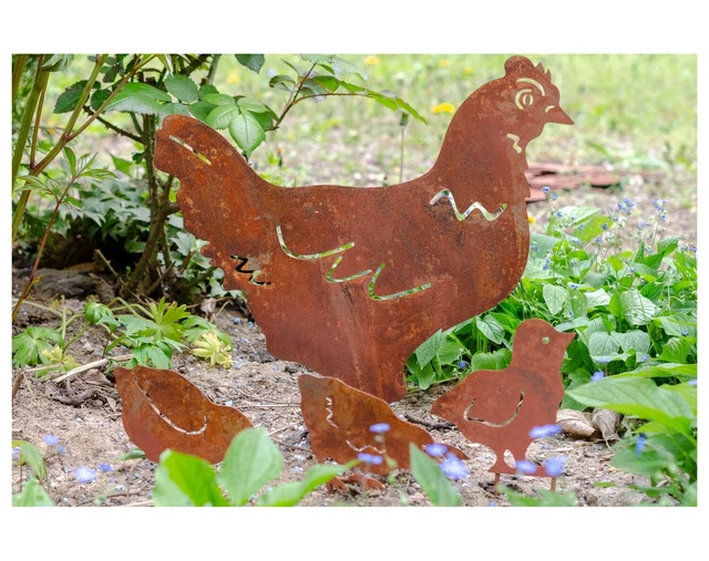 Conjunto de 4 asador con gallina pollo hierro herrumbroso estilo antiguo 2