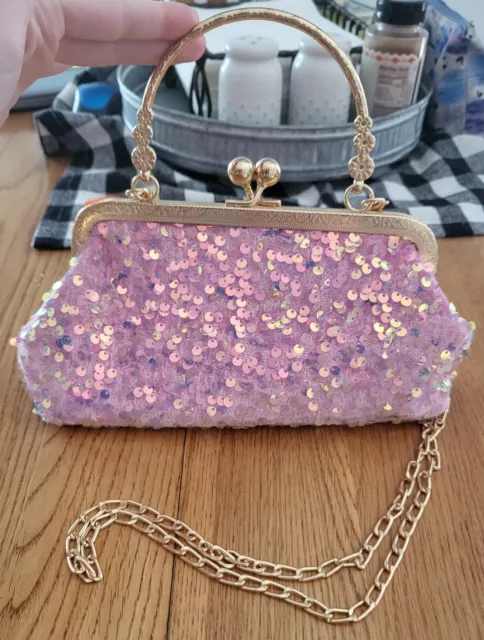 Sequin Clutch Pink Purse Glitter Evening Bag Metal Handle Wedding Party Prom
