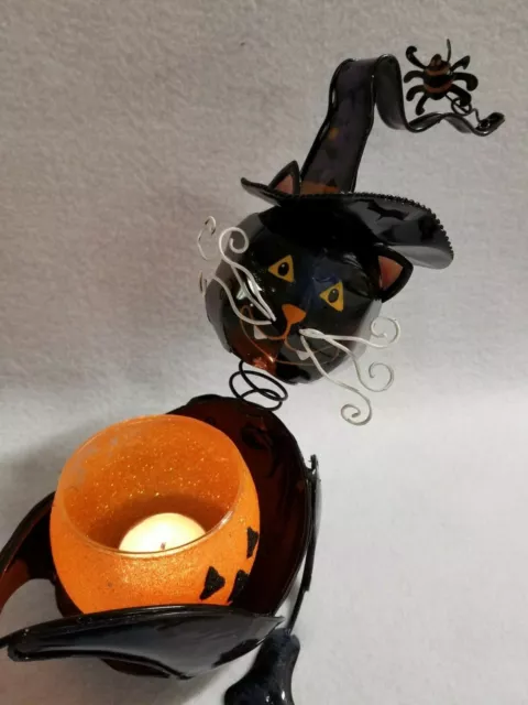 Décoration d'Halloween métal et verre chat sorcière votive ou porte-bougie sarcelle 3