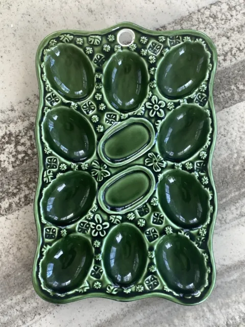 Vintage Majolica Style Emerald Green Flower 7” X  4 1/2” Divided Egg Plate JAPAN