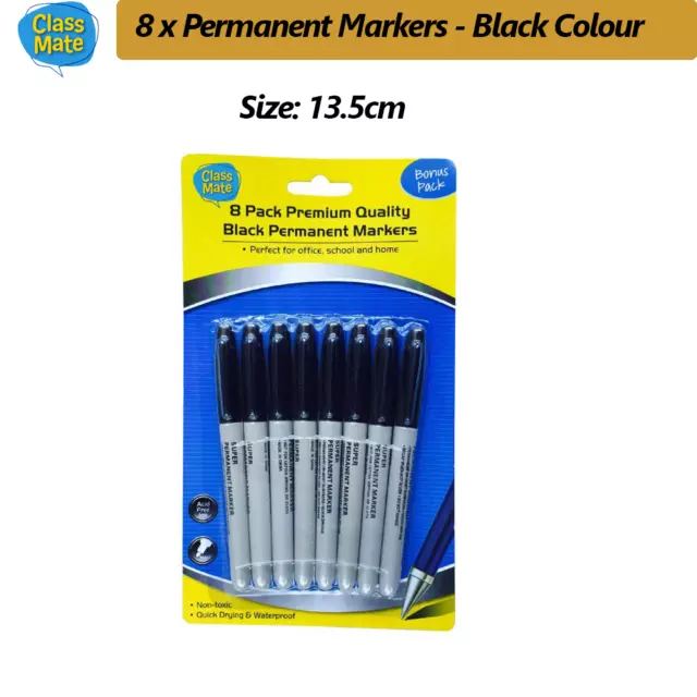 8 x Permanent Marker Pen Black Quick Dry School Office Stationary Whiteboard Pen