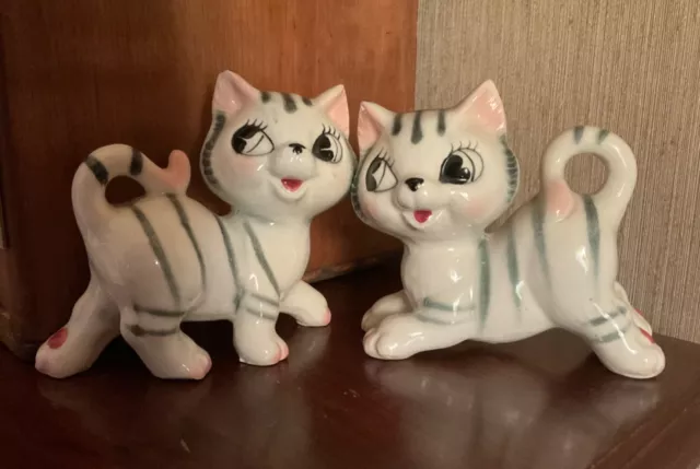 Vintage Japan White Black striped Kitty Cats Kittens Figurines Set of Two