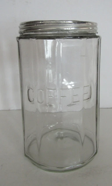 Vintage Coffee Canister Glass Storage Jar Ribbed Hoosier Cupboard & Lid Antique