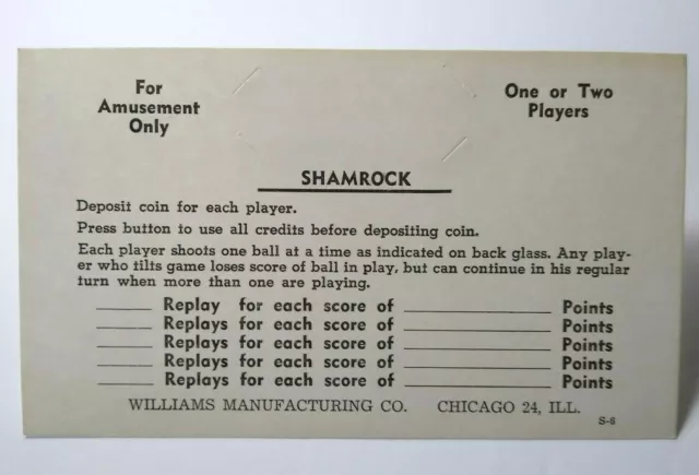 Shamrock 1956 Pinball Machine Score Card Instructions NOS Original S-6