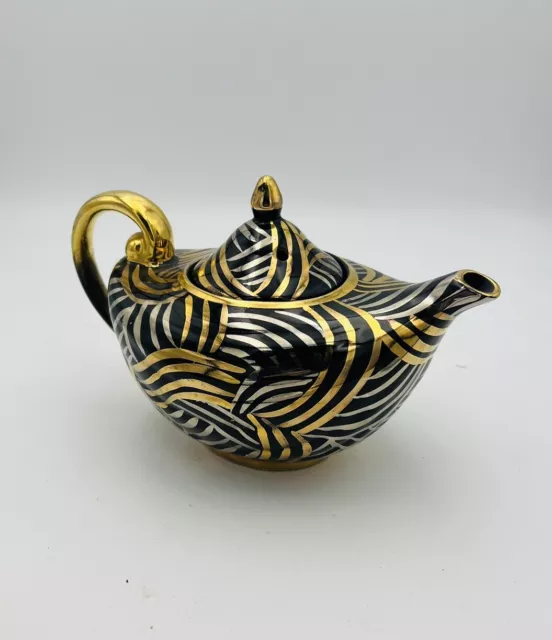 Vintage Arthur Wood Aladdin Black Silver Gold Geometric Pattern Teapot