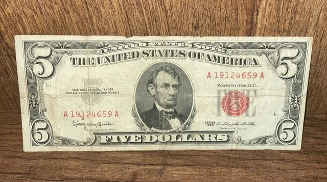 1963 Five Dollar Bill $5 Red Seal Note - Old U.S. Currency