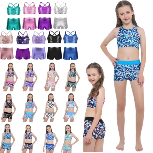 Kids Girls Racer Back Crop Tops and Shorts Set Workout Swimsuit Sport Costumes