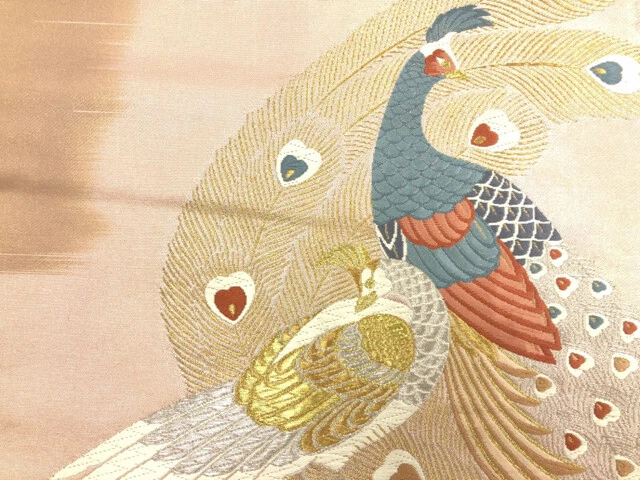 6435788: Japanese Kimono / Antique Nagoya Obi / Woven Peacock