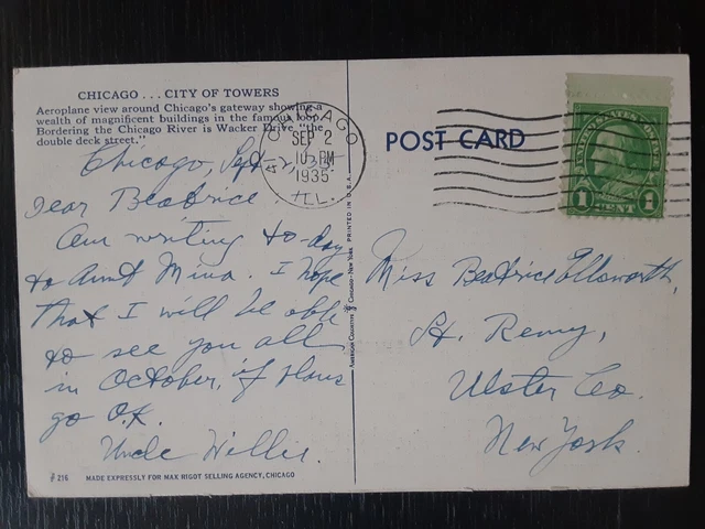 Antique Postcard 1935 Chicago Illinois Airplane view used