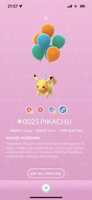 Shiny Pikachu (flying purple balloons) 