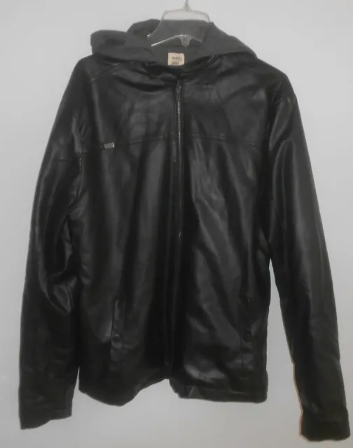 Men's Ambig Black Faux Leather Zip Up Hoodie Jacket Size XL Sweatshirt Lined 2