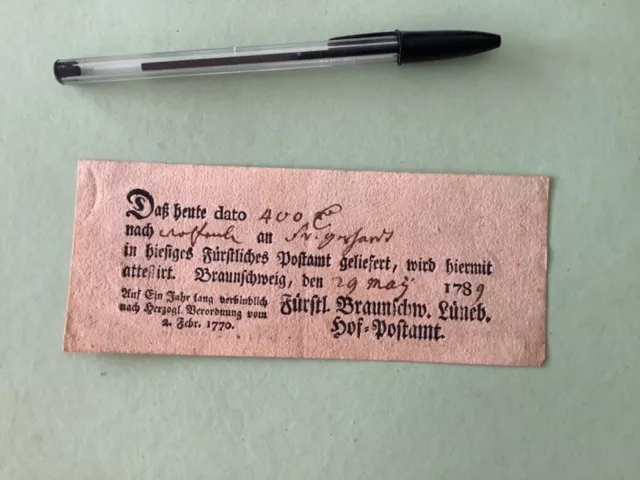 Germany Braunschweig 1789 postal note Ref A1590