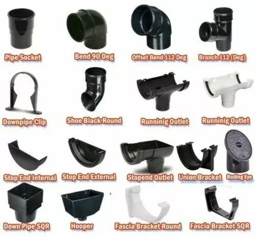 Black Half 112mm Round Plastic UPVC Guttering 68mm Downpipes Rainwater Fittings.