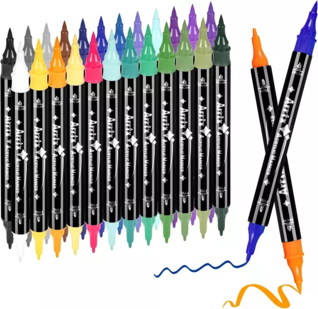 Arrtx Acrylic Paint Pens, 24 Colors Brush Tip and Fine Tip (Dual Tip) Paint Mark