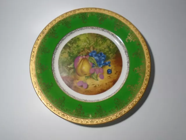 Vintage Limoges Porcelain 26cm Plate, Gilded Green Rim & Fruits. A.J. Heritage