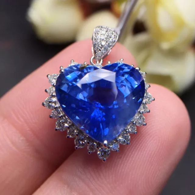 14K White Gold Plated 3 Ct Heart Simulated Blue Tanzanite Pendants Necklace 18"